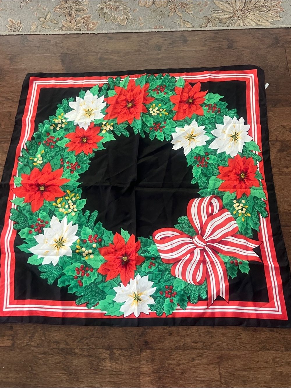 Vintage Avon Holiday Wreath scarf- Black, Red & Green collector’s item!